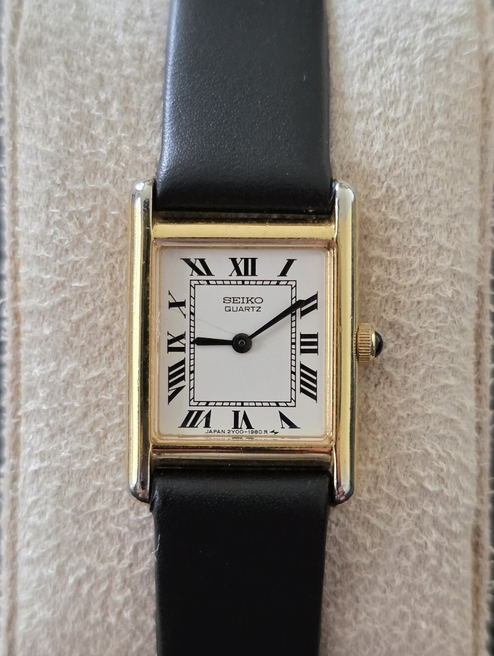 VTG Seiko 2Y00 5479 Gold Tone White Dial Roman Numeral 17mm Tank Watch WORKS